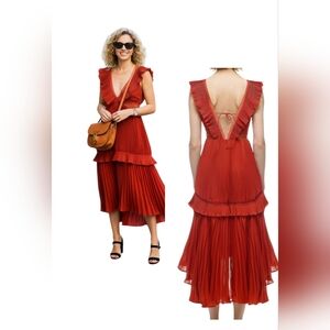 Self-Portrait Calla Pleated Ruffle Midi Dress Burnt Orange V-Neck US 6